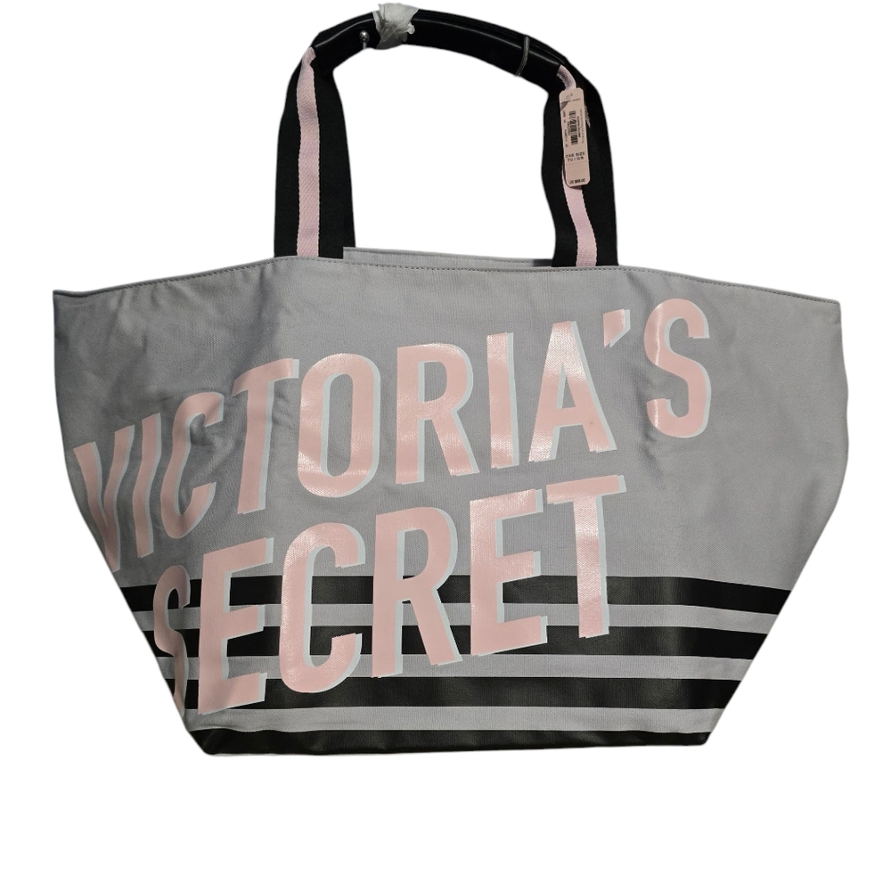 Victoria's Secret X-Large Gray, Pink & Black Stripe Beach Shopper Tote Bag NWT